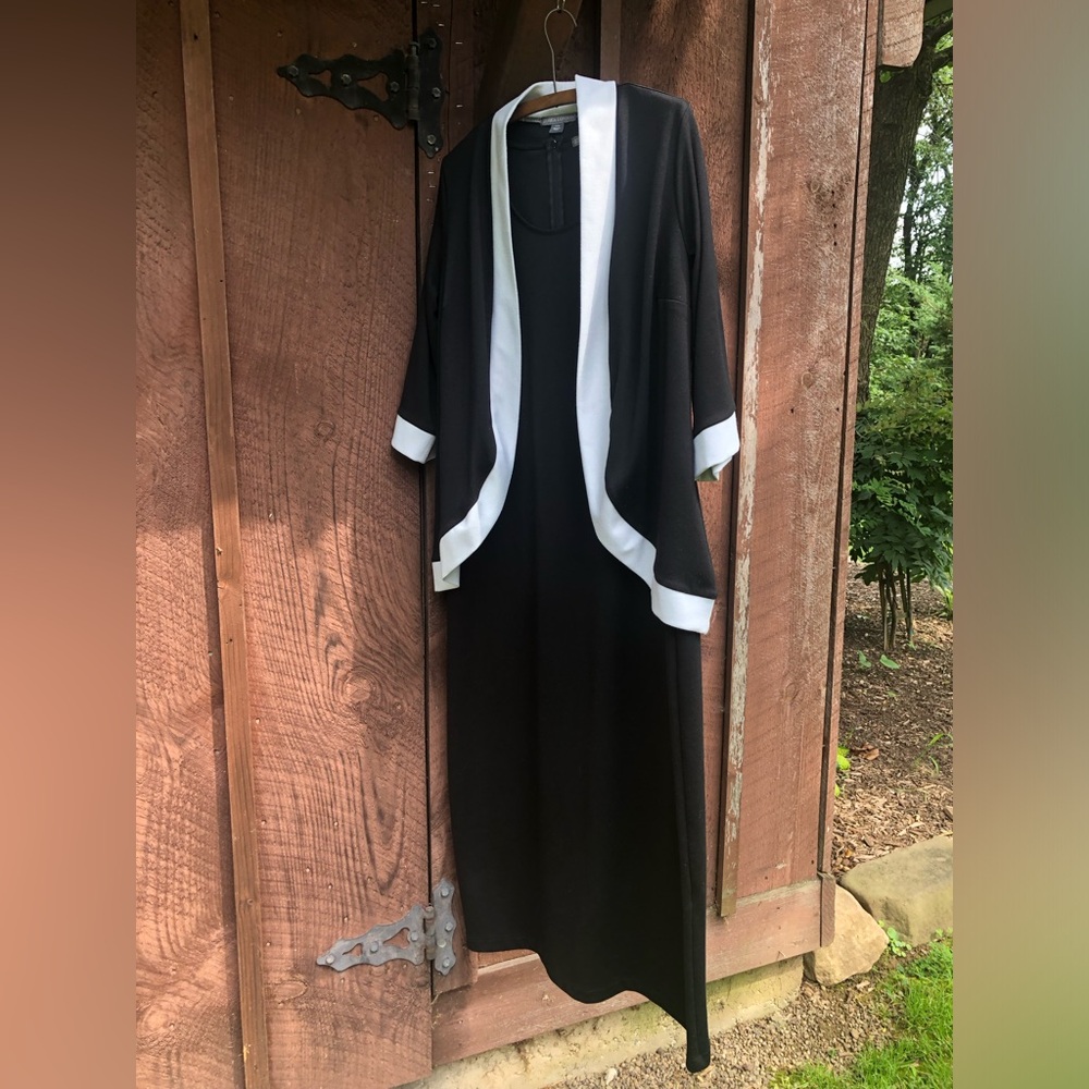 Jessica London 2 Piece Black Maxi Dress and Black Ponte Jacket with Ivory Trim